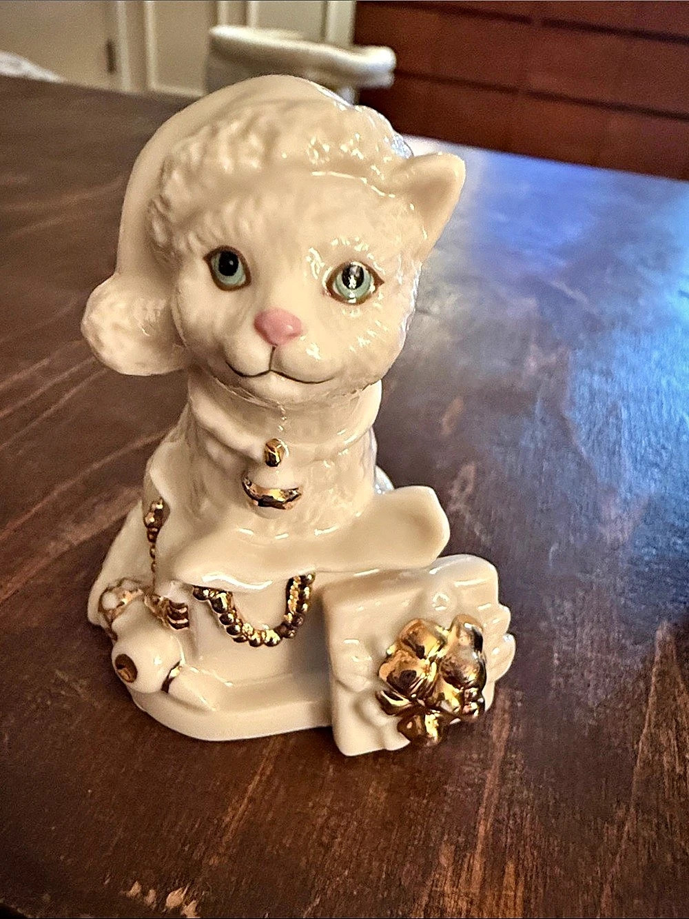 Lenox Cat with Christmas Box Cat Figurine White & Gold Decor